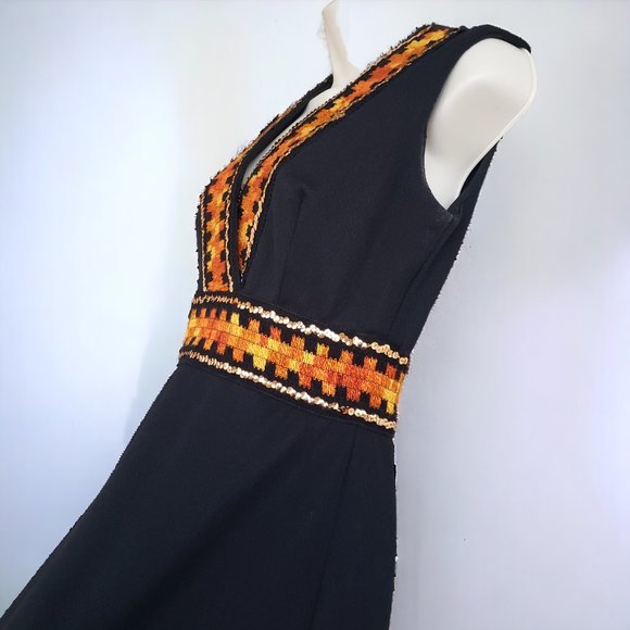 Vintage 70s black maxi dress with yellow/orange woven trim and gold sequins - Picture 5 of 8